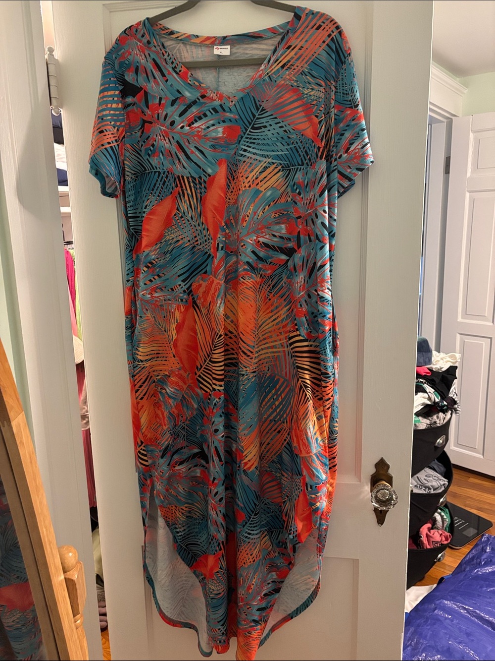 Tropical Leaf V-Neck Maxi Dress — Teal & Orange